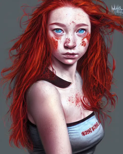 Image similar to portrait of 1 4 - year - old girl with flaming red hair, a lot of freckles, and bright brown eyes, wearing shirt, hyper realistic face, beautiful eyes, character art, art by mark brooks, hyperdetailed, cryengine, trending on artstation, digital art