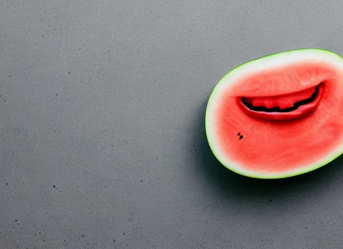 Image similar to photo still of a watermelon with human teeth, 8 k, studio lighting bright ambient lighting key light, 8 5 mm f 1. 8