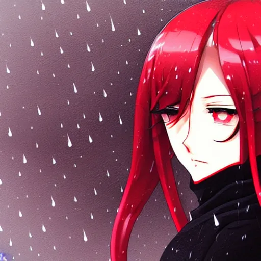 Prompt: beautiful seductive female dullahan, in the rain, highly detailed, painting, dark red and black color palette, intricate, high quality anime artstyle, in the style of ilya kuvshinov
