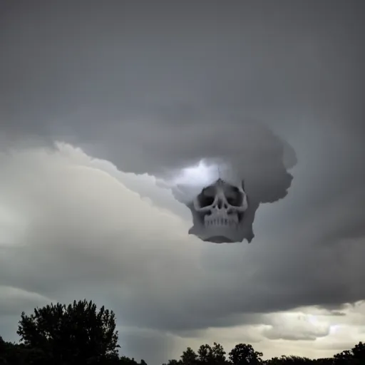 Prompt: skull in the sky made out of clouds, thunder, dramatic lighting