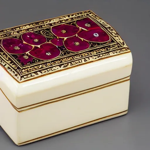 Image similar to carved ivory box with inlaid rubies, studio photography, black background