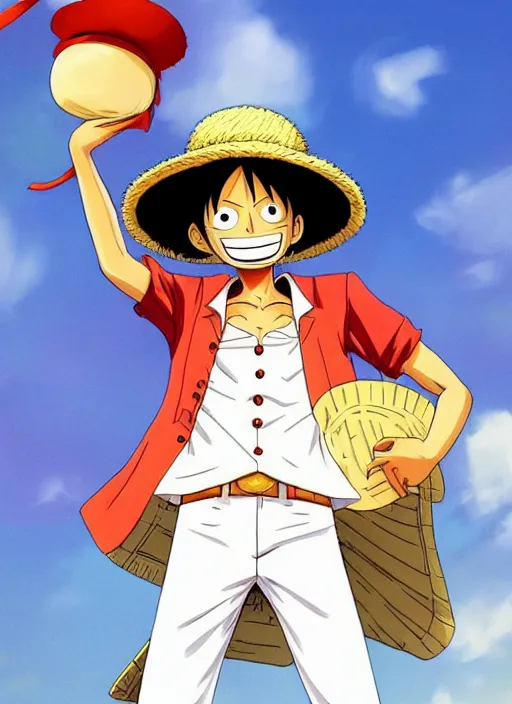 Image similar to a real life image of luffy wearing a white suit, Golden Hour Effect, trending on ArtStation