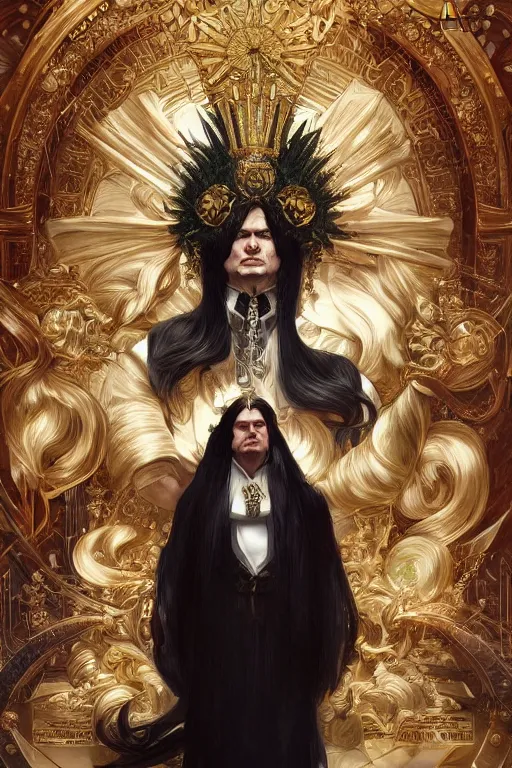 Prompt: portrait of the God Emperor of Mankind, long black hair, laurel wreath crown, black tuxedo, fantasy, intricate, elegant, realistic, highly detailed, digital painting, artstation, concept art, smooth, sharp focus, illustration, art by artgerm and greg rutkowski and alphonse mucha