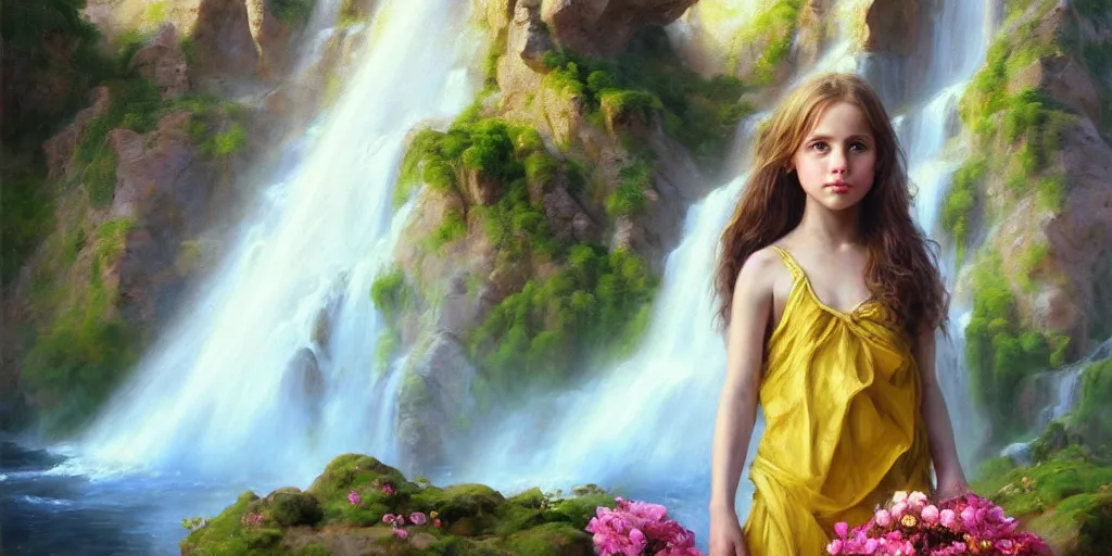 Image similar to hyperrealist portrait of a girl offers a bouquet of flowers to the ancient god of salt, gold and myrrh in a natural landscape with a huge waterfall behind. by daniel f. gerhartz, fantasy art, photo realistic, dynamic lighting, artstation, poster, volumetric lighting, very detailed faces, 4 k, award winning