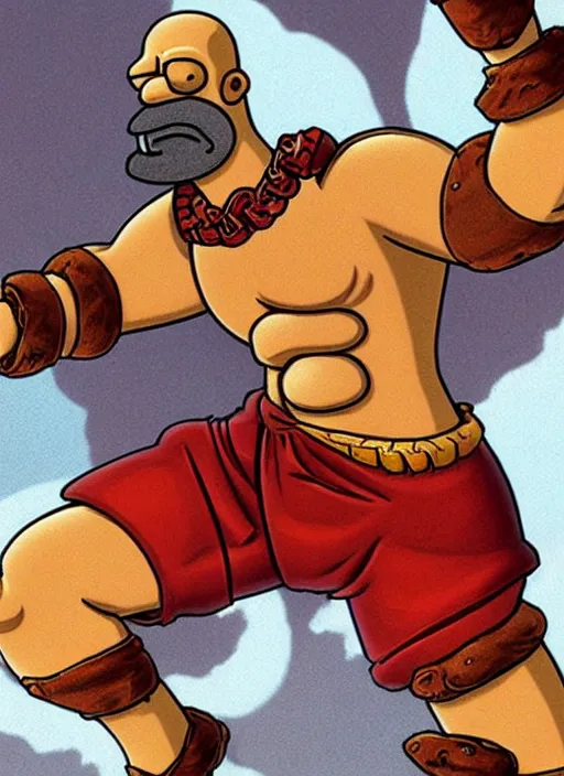 Prompt: Homer Simpson depicted as Kratos God of War, high detailed official artwork