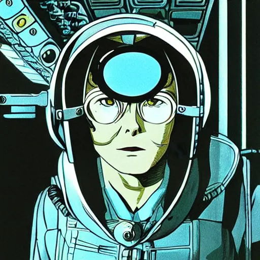 Image similar to manga, stoic heroic emotionless handsome butch blonde woman engineer in flight suit, victorian goggles, very short slicked - back hair, anxious and awkward, on the nostromo, alien 1 9 7 9, anime,