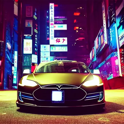 Image similar to cyberpunk tesla in the streets of tokyo, anime style