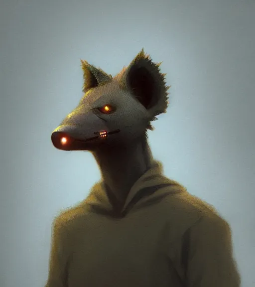 Image similar to extremely foggy dirt road portrait of furry anthro anthropomorphic spotted hyena head animal person fursona wearing clothes strange cybernetic muzzle gloomy digital art by Greg Rutkowski, Simon Stalenhag, christopher nolan trending on Artstation, CGSociety