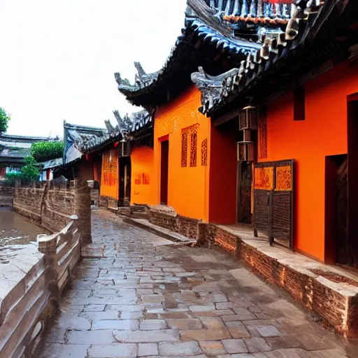 Image similar to peaceful ancient water town in the south of china, zhouzhuang ancient town, sunset glow, movie style, warm color to move