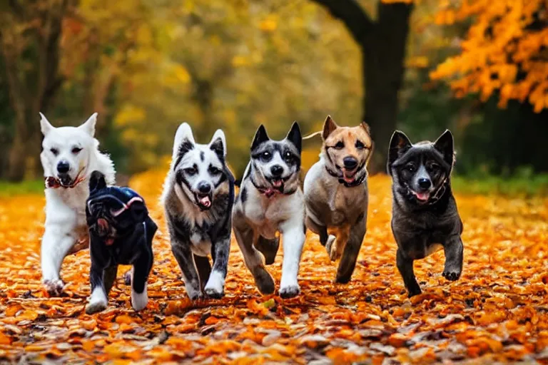 Prompt: dogs running through autumn leaves towards the camera, long shot, shot from below