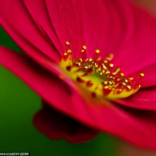 Prompt: dewdrop on a flower petal shimmers quietly after a little wavering and falls like a tear of love macro zoom