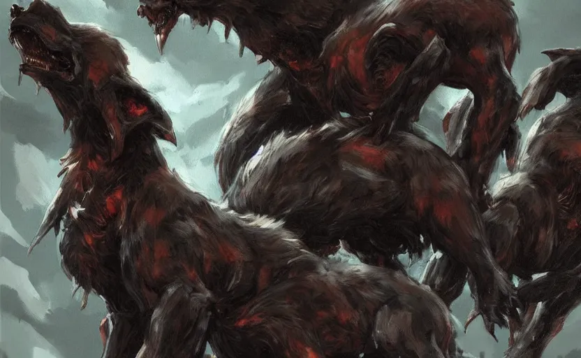 Prompt: A painting of Cerberus trending on artstation in the style of Greg Rutkowski