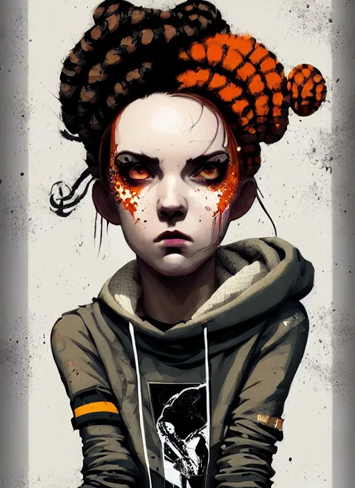 Image similar to highly detailed portrait of a sewer punk lady, tartan hoody, ringlet hair by atey ghailan, by greg rutkowski, by greg tocchini, by james gilleard, by joe fenton, by kaethe butcher, gradient orange, black, cream and white color scheme, grunge aesthetic!!! ( ( graffiti tag wall background ) )