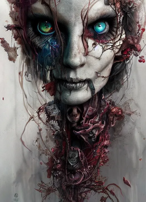 Prompt: Alice in Wonderland,highly detailed,half skull face,cinematic,8k,by Stanley Artgermm,Tom Bagshaw,Greg Rutkowski,Carne Griffiths, Ayami Kojima, Beksinski, Giger,trending on DeviantArt,hyper detailed,horror, full of colour