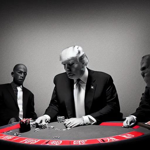 Prompt: Trump playing poker, hyperdetailed, photo realistic, dramatic lighting, Nat Geo award winner, 100mm lens, bokeh