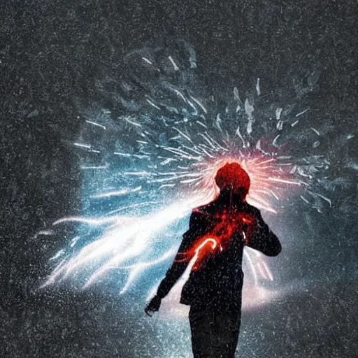 Image similar to man hitting the ground creating a explosion, anime, album cover, rain