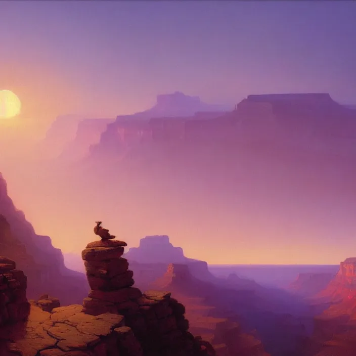 Prompt: a beautiful painting of a grand canyon, sunset by ivan aivazovsky and rhads and rene magritte and greg rutkowski and james gurney, in style of digital art. hyper detailed, sharp focus, soft light. octane render. ray tracing. trending on artstation