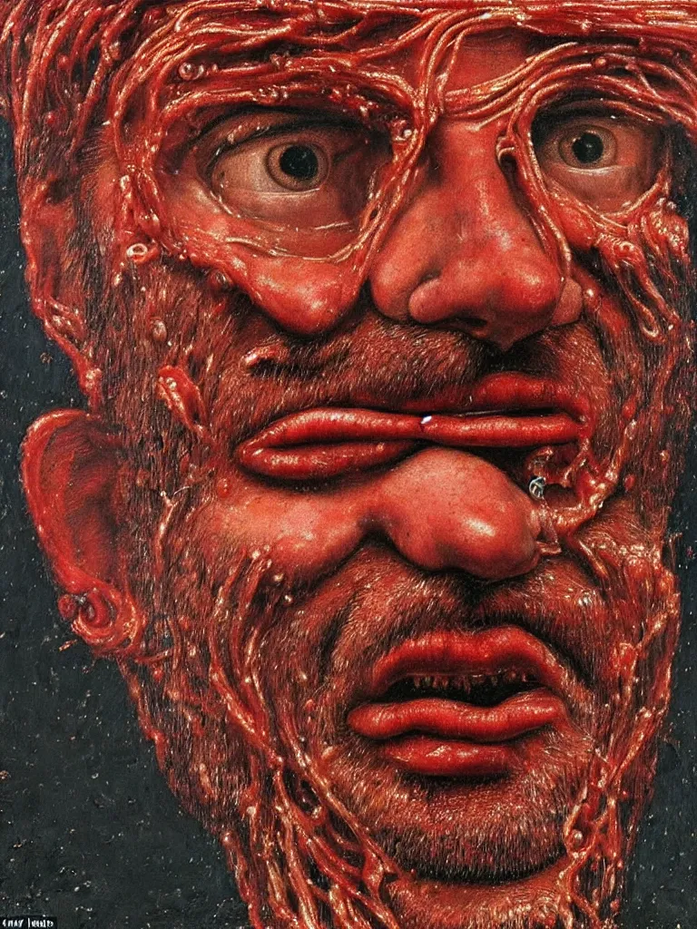 Image similar to jurgen klopp made of spaghetti and tomato sauce, by giuseppe arcimboldo and ambrosius benson, renaissance, intricate and intense oil paint, a touch of beksinski and hr giger and edward munch, realistic