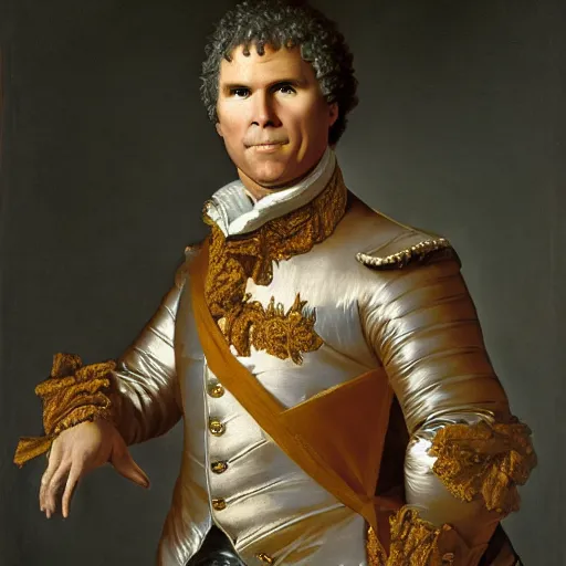 Image similar to A rococo portrait of Will Ferrell in a shining suit of armor, Jacques-Louis David, Réunion des Musées Nationaux, Louvre Catalogue photography