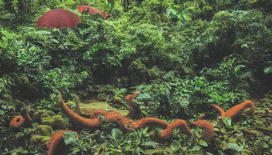 Image similar to a rainy foggy jungle, river with low hanging plants, there is a giant coral colored octopus in the water, great photography, ambient light