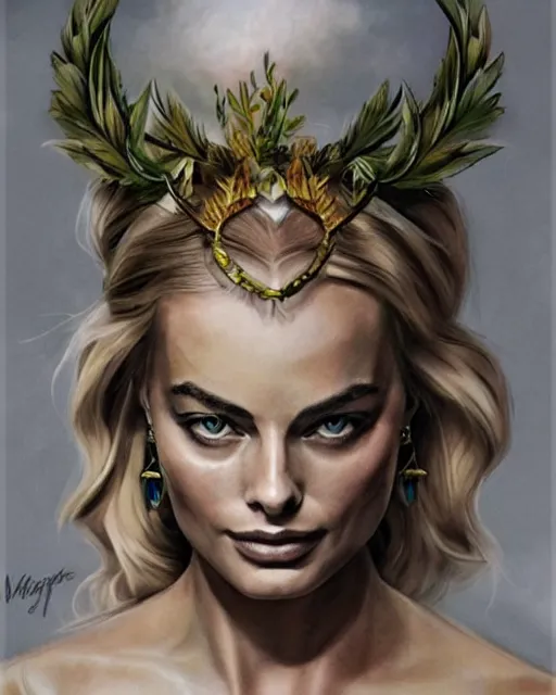 Image similar to realism tattoo sketch of margot robbie as a beautiful greek goddess aphrodite with piercing eyes wearing a laurel wreath and triangle earrings, in the style of greg rutkowski, amazing detail