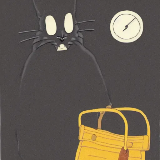 Image similar to still from studio ghibli movie My Neighbor Totoro, Hayao Miyazaki,barn owl in a black suit wearing an office bag going to the office, symetrical face,digital oil painting