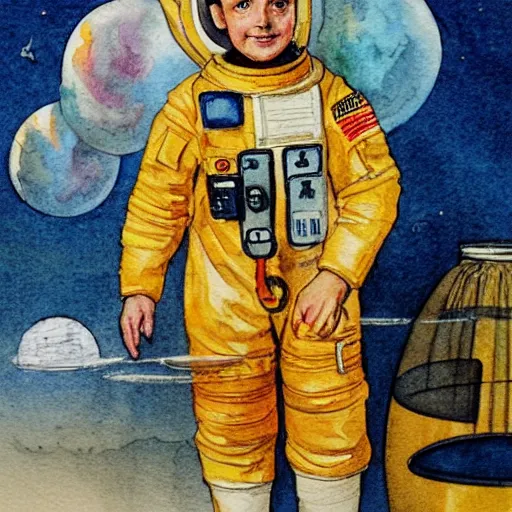 Prompt: Orville Houghton Peet and William Simpson and Jean Gautier watercolor painting sketch of a boy super scientist in a retro home made astronaut suit