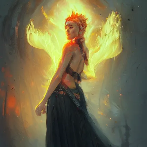 Image similar to a beautiful portrait of a fire goddess, flaming background, a detailed painting by greg rutkowski and raymond swanland, featured on cgsociety, fantasy art, detailed painting, artstation hd, photorealistic