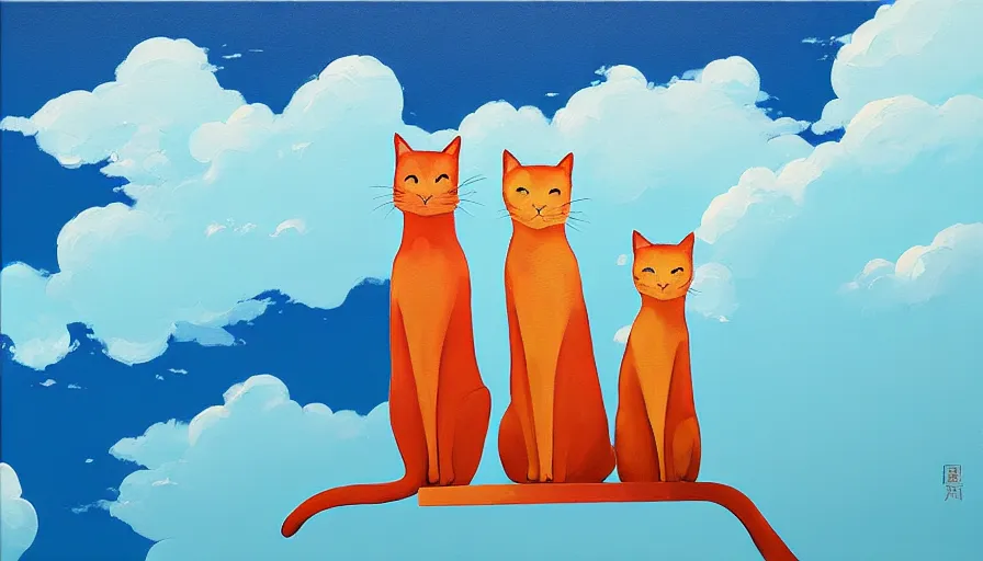 Image similar to contemporary semi abstract acrylic painting of really tall sitting cats by makoto shinkai, thick brush strokes and visible paint layers, glistening clouds in background