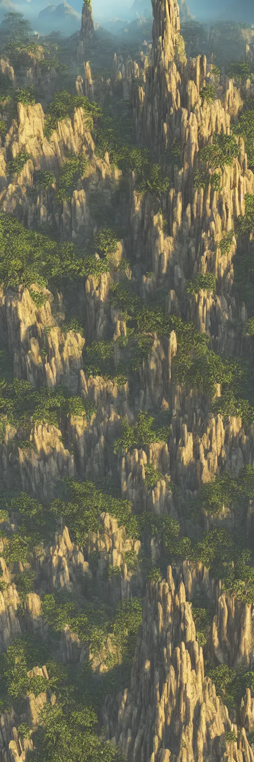 Prompt: photo of vertical golden tower, stacked ancient village, arid mountains and lush palm forest, photo realism, sharp focus, octane