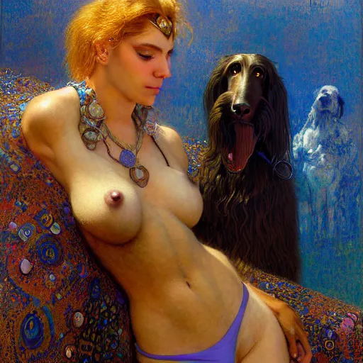 Image similar to portrait of a male furry afghan hound dog in a swimsuit. shadowrun furaffiniy cyberpunk fantasy highly detailed painting by gaston bussiere craig mullins jc leyendecker gustav klimt artgerm greg rutkowski john berkey, bergey, craig mullins, ruan jia, raymond swanland, jeremy mann, tom lovell, alex malveda