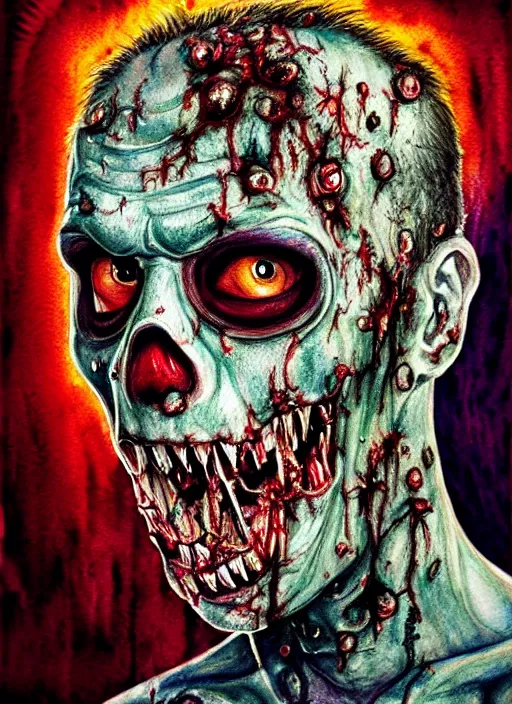 Prompt: zombie hollywood professional acting headshot, hyperrealism, intricate detailed, studio lighting, charming expression gesicht, watercolor art, drawn and painted, colored layers, dulled contrast, exquisite fine art