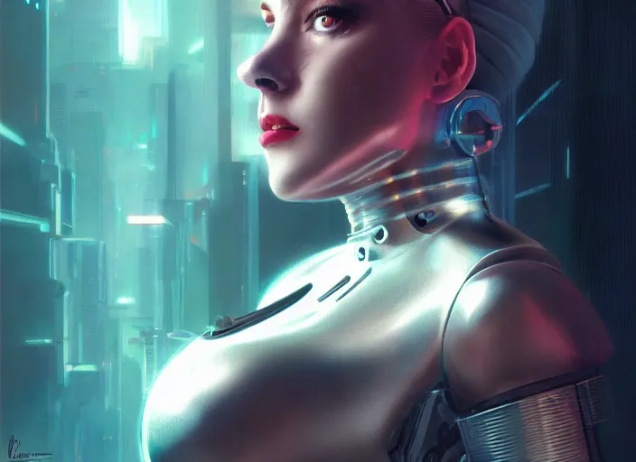 Image similar to Ultra realistic full shot of a cyborg Marilyn Monro,cyberpunk,sci-fi, fantasy,Kodak , colour led, soft light, volumetric lighting ,night, intricate, elegant, highly detailed, digital painting, artstation, concept art, smooth, sharp focus, illustration,art by artgerm and greg rutkowski and alphonse mucha