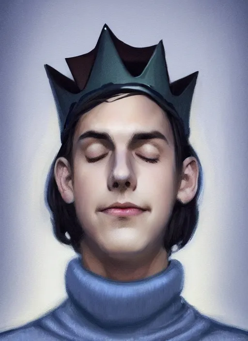 Image similar to portrait of teenage jughead jones wearing a light grey crown, crown, blue turtleneck, closed eyes, eyes closed, smile, crown, black hair, intricate, elegant, glowing lights, warm lighting, highly detailed, digital painting, artstation, concept art, smooth, sharp focus, illustration, art by wlop, mars ravelo and greg rutkowski