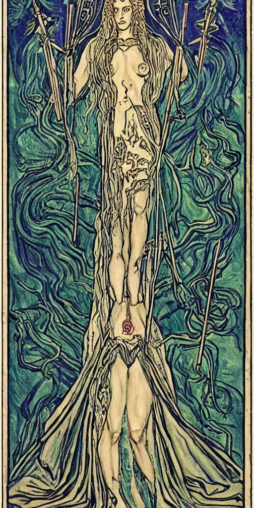 Prompt: the queen of wands tarot card by austin osman spare