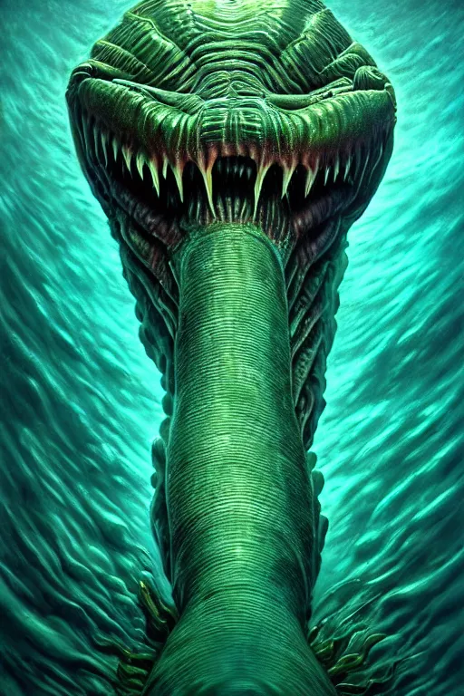 Image similar to hyperrealistic close-up surrealism underwater creature monster!! highly detailed concept art eric zener elson peter cinematic hard green lighting high angle hd 8k sharp shallow depth of field, inspired by David Paul Cronenberg and Zdzisław Beksiński