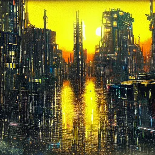 Image similar to cyberpunk dystopian city during a sunset in the style of starry night