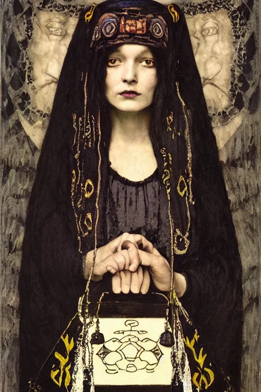 Image similar to portrait of the last goth witch with her lantern and regalia, by Annie Swynnerton and Nicholas Roerich and John Bauer and John William Godward and Donato Giancola and Vermeer, black leather and embroidered velvet, iridescent beetles, rich color, ornate headdress, flowing robes, lost runes, ancient civilizations, dramatic cinematic lighting, featured on Artstation, extremely detailed