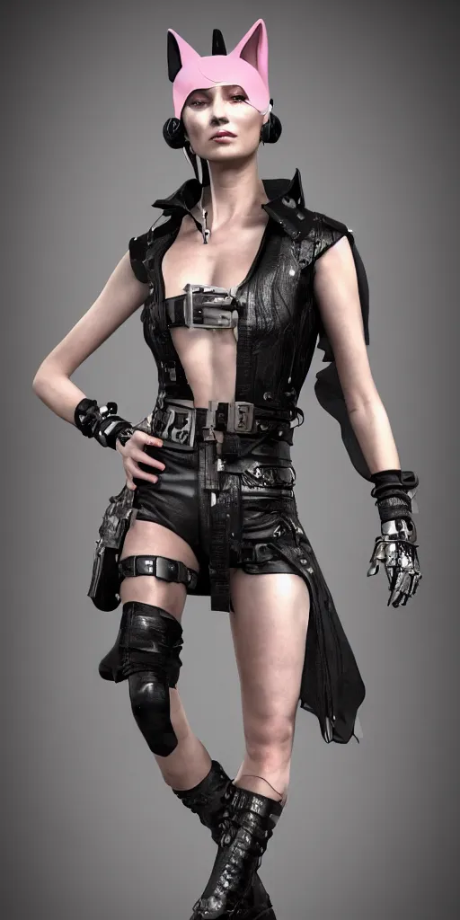 Image similar to haute couture, clothing setting for future female warrior, model standing pose, futurism, vest, leather coat, shorts, boots, electronic cat ears, cyberpunk style, render by octane and blender, hyper realistic, hyper detailed