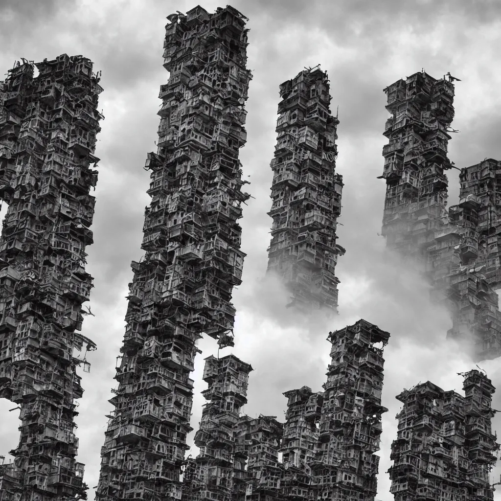 Image similar to close - up towers made up of squatter housing, bleached colours, dramatic cloudy sky, dystopia, mamiya, very detailed, ultra sharp, photographed by ansel adams