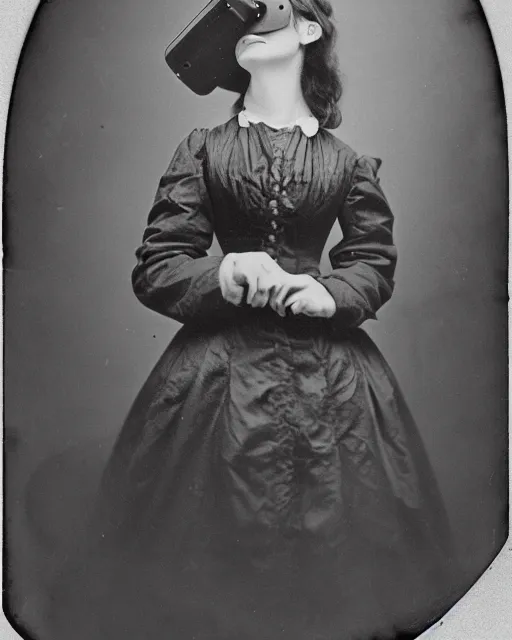 Image similar to 1 8 0 0 s photo of a person wearing a vr virtual reality headset