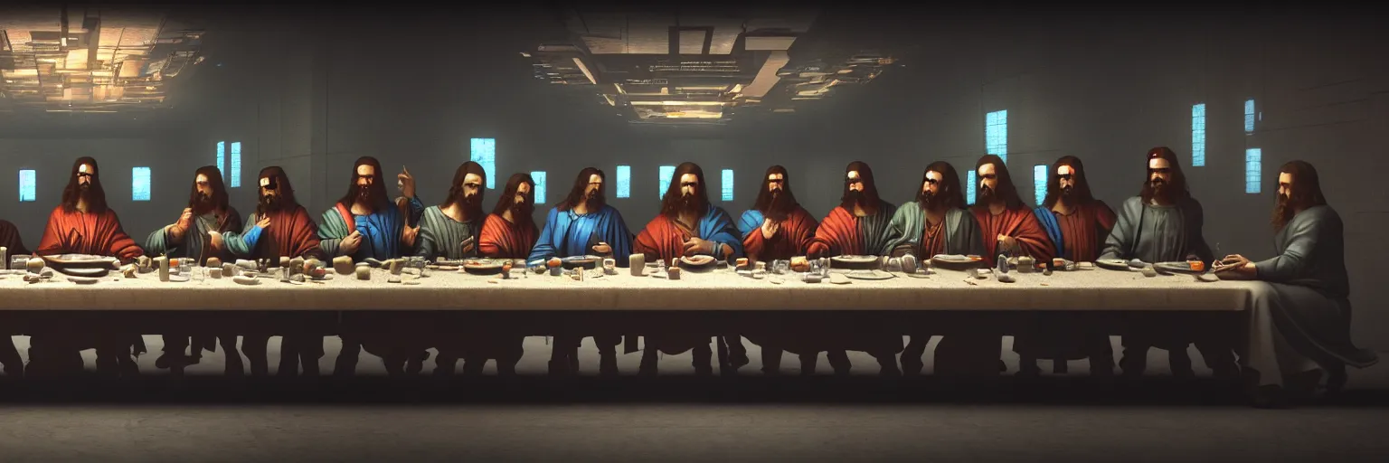 Image similar to the last supper, cyberpunk style, octane render