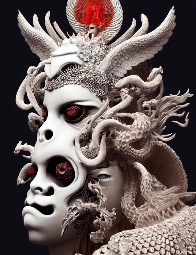 Image similar to 3 d goddess of hell close - up profile portrait with ram skull. beautiful intricately detailed japanese crow kitsune mask and clasical japanese kimono. betta fish, jellyfish phoenix, bio luminescent, plasma, ice, water, wind, creature, artwork by tooth wu and wlop and beeple and greg rutkowski