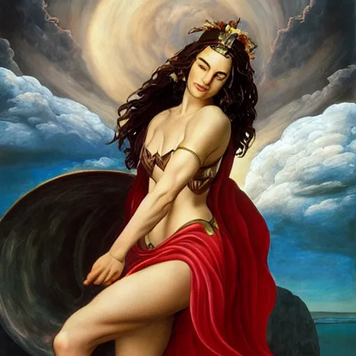 Image similar to Full body oil painting of the beautiful goddess Gal Gadot as Venus, she is wearing roman clothes and a surreal jewelry, her hair is natural disheveled, she is approaching heaven over the clouds, naturalism, dramatic lighting, high-detailed oil painting by Ilya Repin, Michelangelo da Caravaggio, William Blake, Alex Grey and Beksinski, trending on Artsation, hystorical painting, naturalism, masterpiece, 4k, 8k,