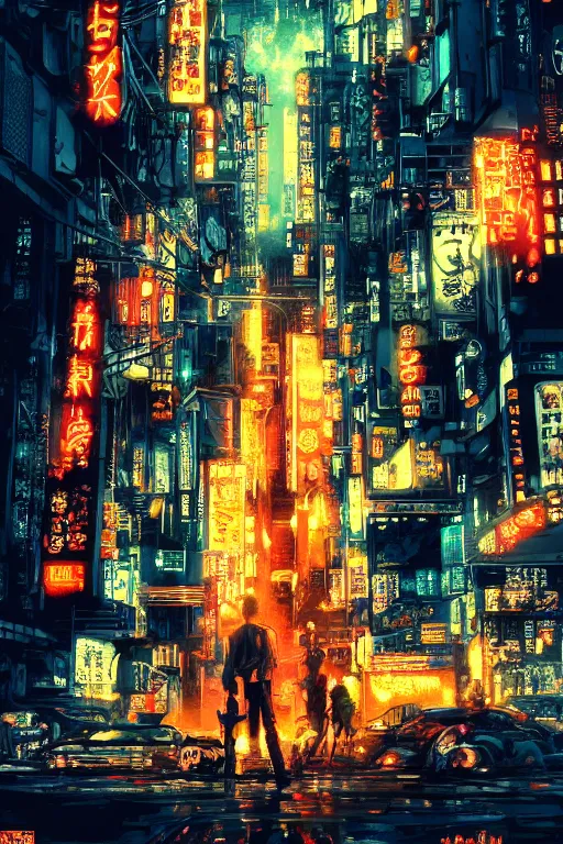 Prompt: tatsuki fujimoto movie poster, randypunk, intricate cyberpunk city, orange overlooking city, street gang, dramatic lighting, epic composition, bladerunner