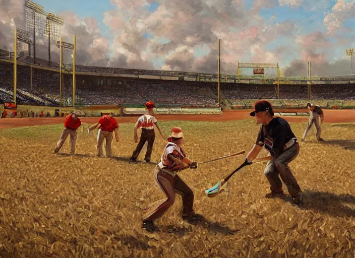 Image similar to a baseball game with cornstalks, themed, oil painting by jama jurabaev, extremely detailed, brush hard, artstation, for aaa game, high quality, brush stroke