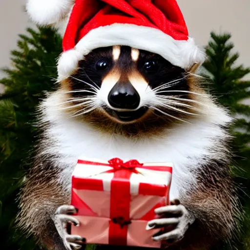 Image similar to raccoon santa vastly underestimated how difficult it would be to give a present to everyone in the world.