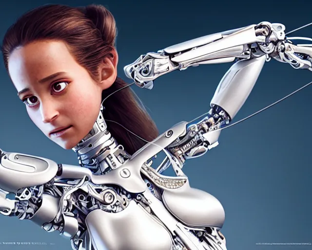 Image similar to weta disney pixar movie still head and torso screenshot photo of alicia vikander lying down on a mechanical table with a white ponytail as thoughtful intricate detailed mechanical plastic cyborg girl by pixar, by weta, wlop, ilya kuvshinov, rossdraws, artgerm, latex, iridescent, bright morning, anime, liosh, mucha