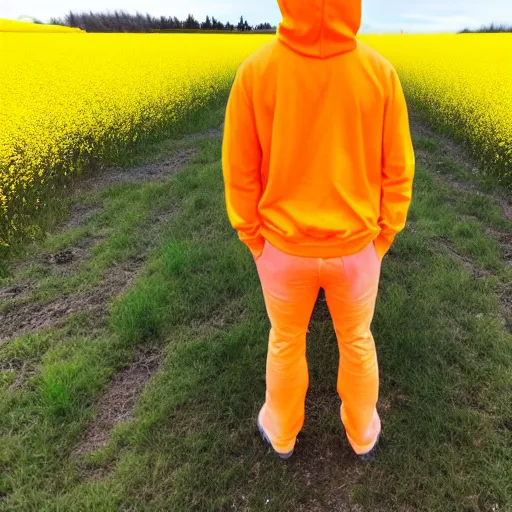 Prompt: an extreme wide shot of a man standing in a yellow field wearing a neon salmon hoodie