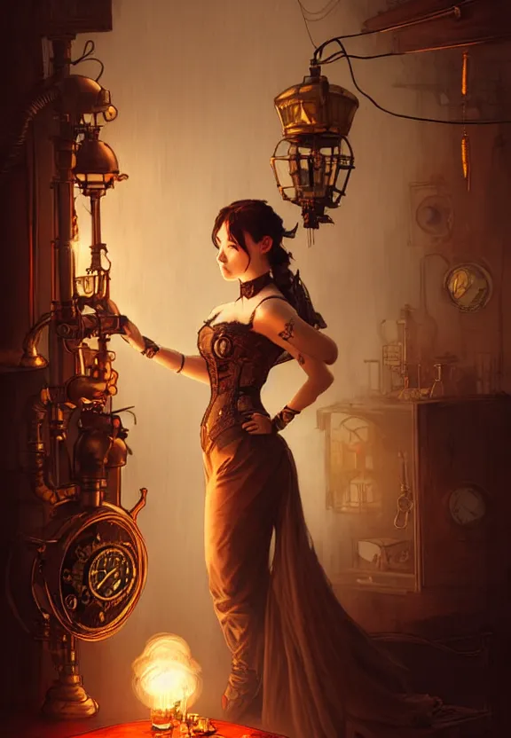 Prompt: steampunk actress preparing for a show at the smoky backstage, mirror, chinese lanterns, smoke, fantasy magic, dark light night, intricate, elegant, sharp focus, illustration, highly detailed, digital painting, concept art, matte, art by wlop and artgerm and greg rutkowski and alphonse mucha, masterpiece